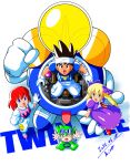  1980s_(style) 1boy 2022 3girls ace_(twinbee) bandana black_eyes black_hair blonde_hair blue_eyes brown_eyes canopy_(aircraft) character_request cockpit commentary_request dated dress gerwalk gloves goggles green_eyes green_hair happy hiro68 lever long_hair looking_at_viewer looking_up madoka_(twinbee) mecha multiple_girls official_style open_mouth pastel_(twinbee) pilot pilot_chair redhead retro_artstyle robot science_fiction signature smiley_face spiky_hair tongue twinbee twinbee_(character) 