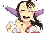  1girl aged_down animal_ears black_hair blush breath_of_fire breath_of_fire_iv closed_eyes flower long_hair open_mouth simple_background smile solo teeth tongue ursula_(breath_of_fire) white_background yosaku_(roach) 