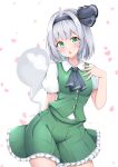  1girl ascot black_hairband black_ribbon blush bob_cut breasts buttons cherry_blossoms chestnut_mouth collared_shirt commentary_request contrapposto cowboy_shot falling_petals frilled_skirt frills green_eyes green_skirt green_vest grey_hair hair_ribbon hairband hand_on_own_chest konpaku_youmu konpaku_youmu_(ghost) looking_at_viewer petals pleated_skirt puffy_short_sleeves puffy_sleeves ribbon rururiaru shirt short_hair short_sleeves simple_background skirt skirt_set small_breasts solo touhou vest white_background white_shirt 