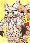  2girls animal_costume animal_ear_fluff animal_ears bow bowtie brown_eyes brown_hair cat_ears cat_girl cat_tail edamamezooooo extra_ears geoffroy&#039;s_cat_(kemono_friends) green_eyes grey_hair kemono_friends kemono_friends_v_project kneehighs large-spotted_genet_(kemono_friends) long_hair microphone multicolored_hair multiple_girls open_mouth ribbon shirt simple_background skirt socks suspenders tail twintails virtual_youtuber 