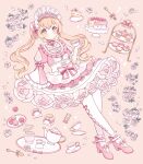  1girl absurdres asymmetrical_sleeves bow cake cake_slice center_frills cup cupcake dress flower food footwear_ribbon frilled_dress frilled_socks frills fruit high_heels highres hourglass lolita_fashion macaron mismatched_sleeves original pastel_colors pink_background pink_bow pink_dress pink_flower pink_footwear pink_rose pink_theme plate rose saucer short_sleeves socks solo star_furu strawberry teacup teapot twintails two-tone_bow white_bow white_dress white_flower white_rose white_socks wide_sleeves 