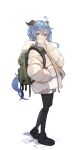  1girl absurdres alternate_costume backpack bag bangs black_footwear blue_hair blush boots commentary_request down_jacket eyelashes full_body ganyu_(genshin_impact) genshin_impact hair_between_eyes hand_in_pocket highres horns jacket long_hair long_sleeves looking_at_viewer lumo_1121 ribbed_sweater sidelocks simple_background solo standing sweater turtleneck turtleneck_sweater violet_eyes white_background white_jacket white_sweater 