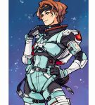  1girl animification apex_legends black_gloves blush brown_hair cable freckles gloves goggles goggles_on_head hair_behind_ear hand_on_hip highres horizon_(apex_legends) looking_down paseritaberuman pillarboxed short_hair smile solo space spacesuit 