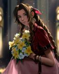  1girl aerith_gainsborough artist_name bangle bangs bouquet bracelet braid braided_ponytail brown_hair church cropped_jacket dress final_fantasy final_fantasy_vii final_fantasy_vii_remake flower green_eyes hair_ribbon holding holding_bouquet hollizho indoors jacket jewelry long_dress long_hair looking_at_viewer parted_bangs pink_dress pink_ribbon red_jacket ribbon short_sleeves sidelocks signature sitting smile solo wavy_hair white_flower yellow_flower 