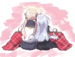  2girls azusa_(blue_archive) black_skirt blonde_hair blue_archive blue_skirt coffee_mug commentary_request cup feathered_wings from_behind grey_hair halo hifumi_(blue_archive) highres kohsuke_krsk kotatsu leaning_on_person long_hair low_twintails mug multiple_girls pleated_skirt skirt table twintails under_kotatsu under_table wings yuri 