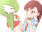  2girls :t ^_^ bangs blue_shirt blush bob_cut breast_pocket brown_eyes brown_hair chewing closed_eyes closed_mouth collared_shirt colored_skin commentary_request eating flat_chest food from_side funmocha gardevoir green_hair green_skin hands_on_own_cheeks hands_on_own_face hands_up happy holding holding_food juliana_(pokemon) looking_at_another medium_hair multicolored_skin multiple_girls necktie open_mouth orange_necktie pocket pokemon pokemon_(creature) pokemon_(game) pokemon_sv ponytail profile school_uniform sharing_food shirt short_hair short_sleeves sideways_mouth simple_background smile split_mouth submarine_sandwich two-tone_skin upper_body white_background white_skin 