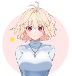 1girl :&lt; antenna_hair arcueid_brunestud blonde_hair breasts citron80citron closed_mouth jewelry large_breasts looking_at_viewer pendant red_eyes short_hair simple_background star_(symbol) straight-on tsukihime upper_body white_background 