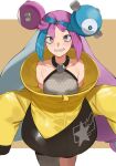 1girl absurdres bow-shaped_hair character_hair_ornament hair_ornament hexagon_print highres iono_(pokemon) jacket keiz long_hair low-tied_long_hair pantyhose pokemon pokemon_(game) pokemon_sv sharp_teeth sleeves_past_wrists solo teeth twintails very_long_sleeves x yellow_jacket