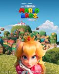  1girl 3d bangs blonde_hair blue_eyes clouds copyright_name crown dress earrings gloves grass highres jewelry key_visual logo mushroom official_art own_hands_together pink_dress portrait princess_peach princess_peach&#039;s_castle promotional_art puffy_short_sleeves puffy_sleeves short_sleeves sky smile solo super_mario_bros. the_super_mario_bros._movie tree white_gloves 