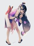  1girl ace_attorney black_hair feet full_body hair_ornament half_updo heel_up highres japanese_clothes jewelry kimono legs long_hair looking_at_viewer magatama maya_fey necklace open_mouth pr_(puru) sandals simple_background smile solo toes white_background 