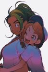  2girls ;d braid breast_pocket breasts brown_eyes brown_hair closed_mouth commentary dark-skinned_female dark_green_hair dark_skin freckles green_hair hair_ornament hat highres hug hug_from_behind juliana_(pokemon) light_green_hair long_hair looking_at_another medium_breasts multicolored_hair multiple_girls naranja_academy_uniform necktie nemona_(pokemon) one_eye_closed open_mouth orange_eyes orange_necktie pocket pokemon pokemon_(game) pokemon_sv ponytail shirt side_braid simple_background smile symbol-only_commentary thxzmgn two-tone_hair white_background white_headwear white_shirt 