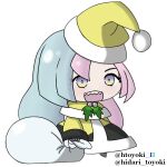  1girl adapted_costume christmas gift_bag hat hidari_toyoki holding holding_sack iono_(pokemon) meme padoru_(meme) pokemon pokemon_(game) pokemon_sv sack santa_costume santa_hat solo twintails 
