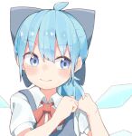 1girl adjusting_hair ahoge alternate_hairstyle bangs blue_bow blue_dress blue_eyes blue_hair blush bow bowtie cirno closed_mouth dress hair_between_eyes hair_bow hair_over_shoulder ice ice_wings kae_karee looking_to_the_side medium_hair pinafore_dress red_bow red_bowtie shirt short_sleeves simple_background smile solo touhou upper_body white_background wing_collar wings 