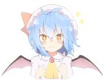  +_+ 1girl antenna_hair ascot bangs bat_wings blue_hair blush bow brooch cropped_torso dot_nose fangs flat_chest frilled_shirt_collar frills hair_between_eyes hands_up hat hat_bow jewelry kae_karee light_smile looking_at_viewer mob_cap nose_blush red_bow remilia_scarlet short_hair simple_background skin_fangs solo sparkle star-shaped_pupils star_(symbol) symbol-shaped_pupils touhou upper_body white_background white_headwear wings yellow_ascot 