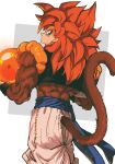  absurdres biceps blue_eyes body_fur brown_fur dragon_ball dragon_ball_(object) dragon_ball_gt fusion_dance gogeta highres metamoran_vest monkey_boy monkey_tail obi pants redhead relio_db318 sash spiky_hair super_saiyan super_saiyan_4 tail white_pants wristband 