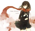  163yunatsu 1girl bangs birthday black_hair black_sailor_collar black_serafuku black_skirt blood blood_stain clenched_hand cowboy_shot cropped_legs dated english_text enpera floating_scarf hair_between_eyes hair_ornament hairpin happy_birthday kagerou_project limited_palette long_hair long_sleeves looking_away mekakucity_actors multiple_hairpins neckerchief parted_lips pleated_skirt red_eyes red_scarf sailor_collar scarf school_uniform serafuku skirt sleeve_cuffs solo tateyama_ayano tearing_up white_background white_neckerchief 