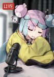  1girl bow-shaped_hair character_hair_ornament drooling hair_ornament highres iono_(pokemon) jacket long_hair low-tied_long_hair microphone multicolored_hair pokemon pokemon_(game) pokemon_sv se-u-ra sharp_teeth sleeping sleeves_past_wrists solo split-color_hair teeth very_long_sleeves x yellow_jacket 