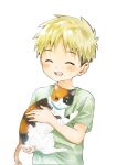  18arumik_4 1boy blue_collar blush calico cat closed_eyes collar green_shirt highres holding male_focus open_mouth original shirt short_sleeves simple_background smile solo t-shirt white_background 