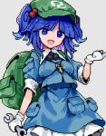 1girl :d backpack bag blue_eyes blue_hair blue_shirt blue_skirt flat_cap gloves green_bag green_headwear hair_bobbles hair_ornament hat holding holding_wrench kawashiro_nitori key looking_at_viewer open_mouth pixel_art pocket risui_(suzu_rks) shirt short_hair short_sleeves simple_background skirt smile solo touhou twintails two_side_up white_background white_gloves wrench