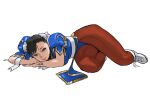  1girl black_hair blue_leotard bun_cover china_dress chinese_clothes chun-li closed_mouth commentary double_bun dress hair_bun highres leotard looking_at_viewer lying on_side pantyhose shoes simple_background solo street_fighter symbol-only_commentary taiyou white_background 