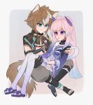 1boy 1girl animal_ears armor bad_id bad_twitter_id bangs black_choker blue_hair blush bow brown_hair choker closed_mouth commentary cradling crop_top detached_sleeves dog_boy dog_ears dog_tail english_commentary full_body genshin_impact gloves gorou_(genshin_impact) gradient_hair green_eyes green_jacket hair_between_eyes hair_ornament hetero highres inactive_account jacket japanese_armor long_hair long_sleeves low_twintails multicolored_hair open_mouth para_(paramanix) paw_print pink_hair princess_carry purple_bow sangonomiya_kokomi short_hair sidelocks smile tail tassel thigh-highs twintails twitter_username two-tone_hair violet_eyes white_gloves white_hair white_thighhighs wide_sleeves