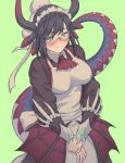  1girl apron black_hair blue_eyes blush breasts collared_dress dragon_girl dragon_horns dragon_tail dragon_wings dress duel_monster glasses green_background highres horns house_dragonmaid large_breasts maid maid_apron own_hands_together smile solo tail wings yamajee_illust yu-gi-oh! 