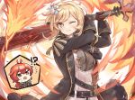 !? 1boy 1girl bangs blonde_hair breasts claymore_(sword) closed_mouth cosplay diluc_(genshin_impact) diluc_(genshin_impact)_(cosplay) fire flower genshin_impact gloves hair_between_eyes hair_flower hair_ornament holding holding_weapon long_hair long_sleeves lumine_(genshin_impact) mirin_pengin one_eye_closed ponytail red_eyes red_hair shirt vest weapon yellow_eyes