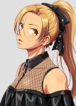  1girl alternate_hairstyle anbj bare_shoulders black_bow black_shirt blonde_hair bow breasts brown_eyes earrings fishnets hair_bow idolmaster idolmaster_cinderella_girls jewelry matsunaga_ryo medium_breasts open_mouth parted_lips ponytail shirt solo upper_body 