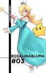  1girl 1other blonde_hair blue_dress blue_eyes character_name cross cross_earrings crown dress earrings highres jewelry long_dress long_sleeves luma_(mario) off-shoulder_dress off_shoulder rosalina smile snoozincopter star_(symbol) super_mario_bros. super_mario_galaxy wand 