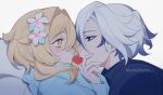  2girls amefurin arlecchino_(genshin_impact) black_sweater blonde_hair blue_sweater blush eye_contact face-to-face flower genshin_impact grey_hair hair_flower hair_ornament half-closed_eyes hand_on_another&#039;s_face hand_up looking_at_another lumine_(genshin_impact) multicolored_hair multiple_girls red_eyes short_hair streaked_hair sweater twitter_username white_flower white_hair yellow_eyes yuri 
