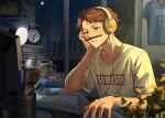  1boy book book_stack brown_eyes brown_hair clock coffee_cup computer cup desk disposable_cup english_commentary haikyuu!! headphones hq_yunak indoors leaf male_focus oikawa_tooru_(haikyuu!!) parted_lips pencil plant shirt short_hair sitting solo sportswear starbucks t-shirt upper_body volleyball_uniform white_shirt 