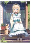  1girl absurdres animal apron bangs blonde_hair blue_eyes blush book bow cat dango flower_pot food frills full_body gradient gradient_clothes hair_ornament hana_mori highres hololive japanese_clothes kazama_iroha long_skirt long_sleeves maid_headdress open_book open_mouth pantyhose plant scan shoes simple_background sitting skirt smile stairs tea virtual_youtuber wagashi wide_sleeves 