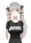  1girl absurdres arms_behind_back artist_request azur_lane black_shirt breasts earrings fang formidable_(azur_lane) grey_hair hair_ribbon head_tilt highres jewelry large_breasts looking_at_viewer one_eye_closed open_mouth red_eyes ribbon shirt twintails white_background 