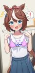  ! absurdres alternate_costume animal_ears bikini blue_eyes blurry blurry_background blush brown_hair casual commentary_request gokurin highres horse_ears horse_girl horse_tail looking_at_viewer open_mouth ponytail swimsuit tail tokai_teio_(umamusume) umamusume 