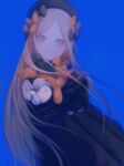  1girl abigail_williams_(fate) absurdres bangs black_bow black_dress black_headwear blonde_hair blue_background bow cowboy_shot daisi_gi dress fate/grand_order fate_(series) floating_hair grey_eyes hair_bow highres holding holding_stuffed_toy long_hair looking_at_viewer multiple_hair_bows orange_bow parted_bangs simple_background sleeves_past_fingers sleeves_past_wrists solo stuffed_animal stuffed_toy teddy_bear very_long_hair 