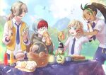  1boy 3girls ;d arven_(pokemon) bangs basket blonde_hair bombirdier bottle bread brown_hair clouds commentary_request cup day eating eyelashes fidough food glasses green_hair highres holding holding_food holding_knife holding_poke_ball juliana_(pokemon) ketchup_bottle knife multicolored_hair multiple_girls mustard_bottle nacli nemona_(pokemon) one_eye_closed open_mouth orange_eyes outdoors penny_(pokemon) plate poke_ball poke_ball_(basic) pokemon pokemon_(creature) pokemon_(game) pokemon_sv ponytail redhead round_eyewear sandwich schafe_kuh short_hair sky smile smoliv sweatdrop teeth two-tone_hair 