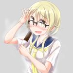 1girl bangs blonde_hair blush commentary_request dripping food glasses grey_background hand_in_own_hair highres holding holding_food ice_cream ichii_yui looking_at_viewer open_mouth scarf school_uniform serafuku short_sleeves simple_background smile steam sweat sweaty_clothes twintails upper_body wet wet_hair yellow_scarf yuukin yuyushiki 