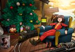  1girl absurdres alternate_costume boots can character_request chomusuke christmas christmas_ornaments christmas_tree couch fallout_(series) fenixman12 hat highres jakuzure_nonon jumpsuit kill_la_kill kono_subarashii_sekai_ni_shukufuku_wo! megumin on_couch pip_boy russian_text sitting stove stuffed_toy toy toy_train tree vault_suit witch_hat 
