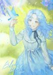  1girl animal bird bird_on_hand blue_dress blue_eyes blue_hair dress english_text frilled_dress frills from_above gavin_(jypic) grass grin highres korean_commentary long_hair long_sleeves looking_at_animal looking_up original smile solo 