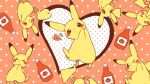  &gt;_&lt; &gt;_o blush_stickers brown_eyes chiko_(chi_p_71) closed_eyes closed_mouth commentary_request heart highres ketchup_bottle no_humans one_eye_closed orange_background pikachu pokemon pokemon_(creature) polka_dot polka_dot_background 