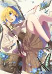  1girl absurdres bag bangs blonde_hair blue_eyes boots bug butterfly collared_shirt corset flower highres holding holding_paintbrush knees_up long_sleeves neck_ribbon open_mouth original paintbrush ribbon shi-ro shirt shirt_tucked_in short_hair skirt smile solo 
