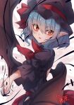  1girl :d alternate_color bat_wings black_headwear black_wings blue_hair highres katsukare looking_at_viewer open_mouth pointy_ears red_eyes remilia_scarlet short_hair signature simple_background smile solo touhou white_background wings 