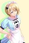  1girl absurdres apron blonde_hair blue_eyes breasts frilled_apron frills hand_on_hip highres hououji_akane maid maid_apron maid_headdress medium_breasts megami_no_kafeterasu official_art open_mouth seo_kouji shiny shiny_hair short_hair smile solo 