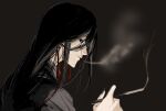  0000-111-0100-0 1boy bangs black_background black_eyes black_hair black_kimono chinese_commentary commentary_request earrings glasses highres japanese_clothes jewelry kimono long_hair looking_down lord_of_the_mysteries mysteries_(entity) parted_lips smile smoke smoking smoking_pipe solo 