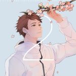  1boy 2022 branch brown_eyes brown_hair character_name cherry_blossoms dated earphones earphones english_text haikyuu!! holding holding_branch jacket kyoii long_sleeves male_focus oikawa_tooru_(haikyuu!!) parted_lips petals shirt short_hair solo white_jacket 