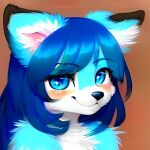  1girl ai-generated animal_ear_fluff animal_ears bangs blue_eyes blue_fur blush eye_contact facing_viewer fluffy furry furry_female highres looking_at_another looking_at_viewer non-web_source original simple_background smile solo 