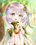  1girl :d absurdres bangs blurry bracelet braid cape commentary_request depth_of_field detached_sleeves dress forest genshin_impact gradient_hair green_eyes hair_between_eyes hair_ornament highres jewelry long_hair looking_at_viewer multicolored_hair nahida_(genshin_impact) nature ninoji pointy_ears short_sleeves side_ponytail sidelocks single_braid smile solo sunlight symbol-shaped_pupils tree white_dress white_hair 