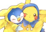  :d brown_eyes chiko_(chi_p_71) closed_eyes clothed_pokemon coat commentary_request hand_up highres hood hood_up looking_at_viewer no_humans one_eye_closed open_mouth pikachu piplup pokemon pokemon_(creature) raincoat simple_background smile white_background yellow_coat 