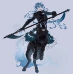  1boy armor black_armor blue_fire blue_hair blue_tail centaur dullahan fiery_hair fiery_tail fire full_body grey_background grin hands_up highres holding holding_scythe holding_weapon hooves horse_tail idia_shroud long_hair looking_at_viewer male_focus monster_boy monsterification scythe sharp_teeth simple_background smile solo standing tail taur teeth twisted_wonderland very_long_hair weapon whale_52hz_o yellow_eyes 