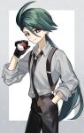  1girl ahoge bangs black_gloves black_necktie black_pants border bright_pupils brown_eyes closed_mouth collared_shirt commentary_request cowboy_shot gloves green_hair grey_border grey_shirt hand_in_pocket hand_up highres holding holding_poke_ball iruiru_popopo long_hair necktie pants poke_ball poke_ball_(basic) pokemon pokemon_(game) pokemon_sv ponytail rika_(pokemon) shirt smile solo suspenders white_background white_pupils 